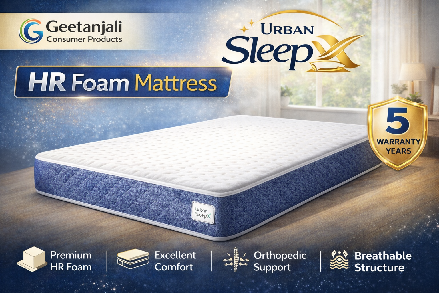 Urban SleepX HR Foam Mattress  High Resilience Foam | Orthopedic Support | Breathable Comfort | 5 Years Warranty Powered by Geetanjali Consumer Products