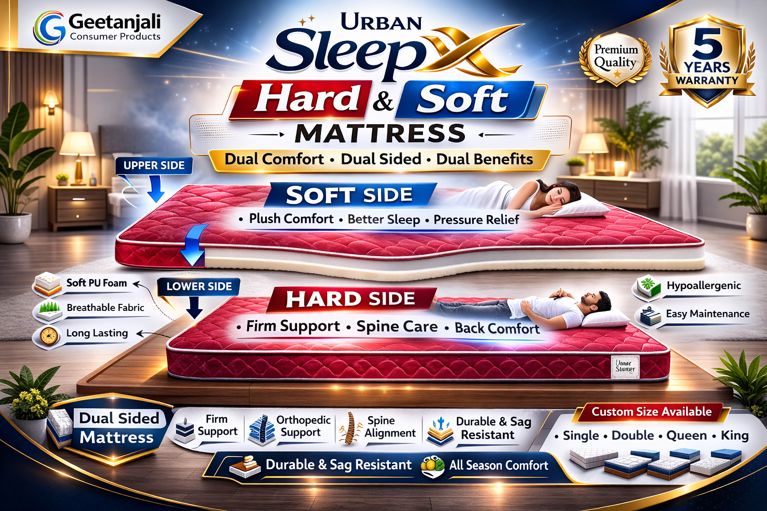 Urban SleepX Hard & Soft Mattress  Dual Comfort Mattress | Flip & Choose Comfort | Orthopedic Support Powered by Geetanjali Consumer Products