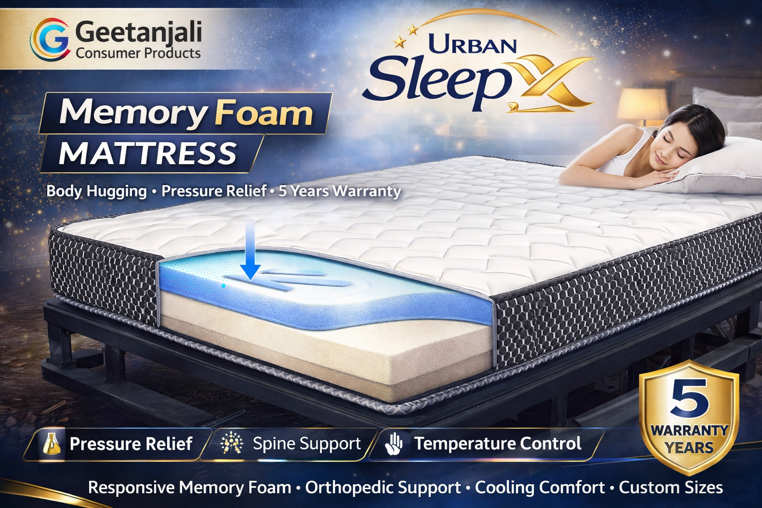 Urban SleepX Memory Foam Mattress  Body-Hugging Comfort | Pressure Relief | Orthopedic Spine Support | 5 Years Warranty Powered by Geetanjali Consumer Products