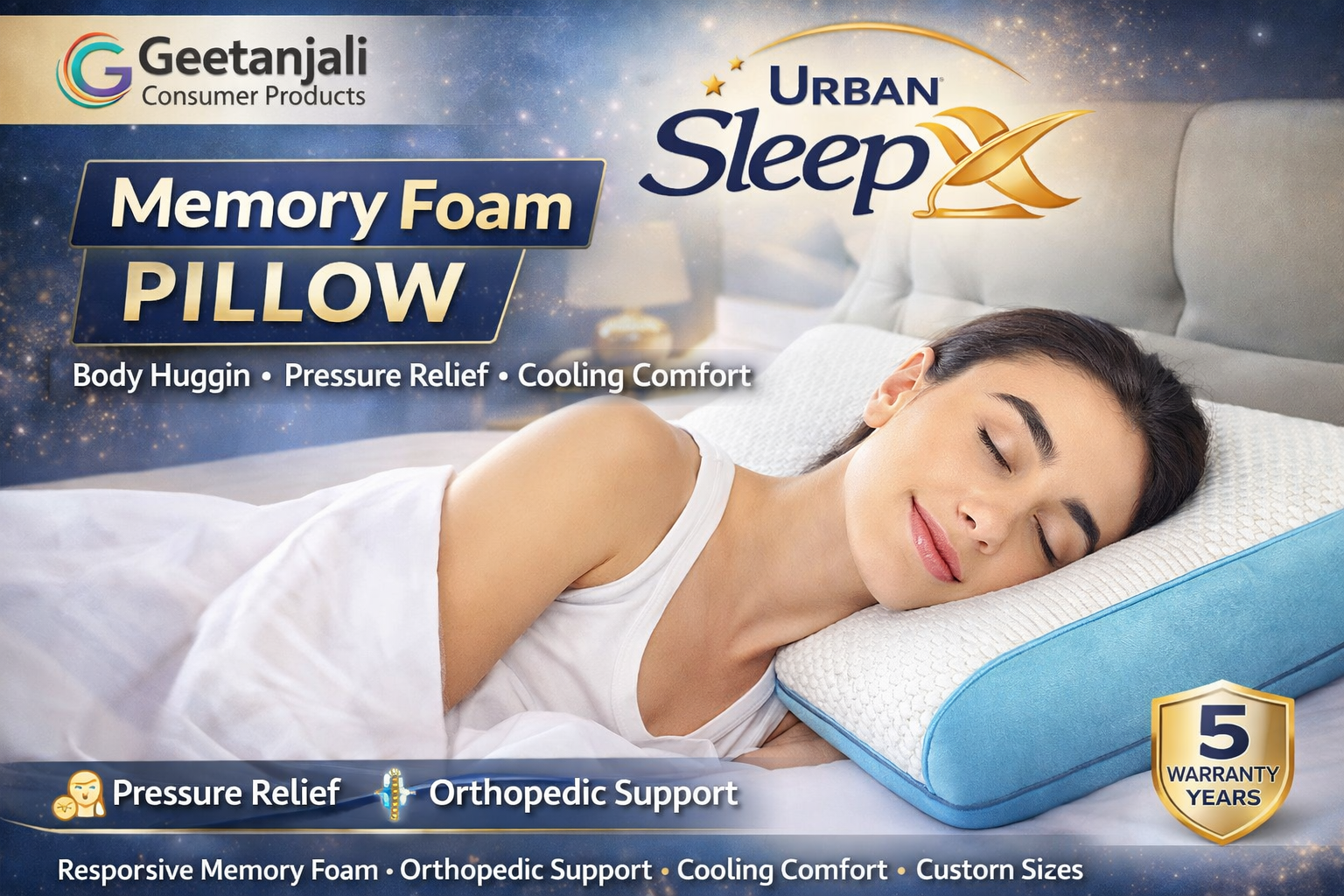 Urban SleepX Memory Foam Pillow  Orthopedic Neck Support | Pressure Relief | Cooling Comfort Powered by Geetanjali Consumer Products